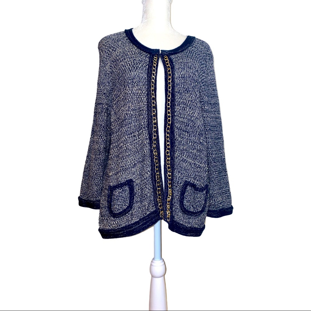 Roz & Ali Womens XL Cardigan Navy Chain Trim Open
